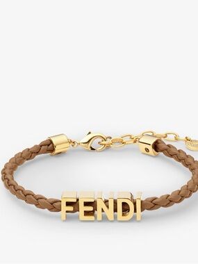 Fendi Tan Braided Leather Bracelet with Gold Logo